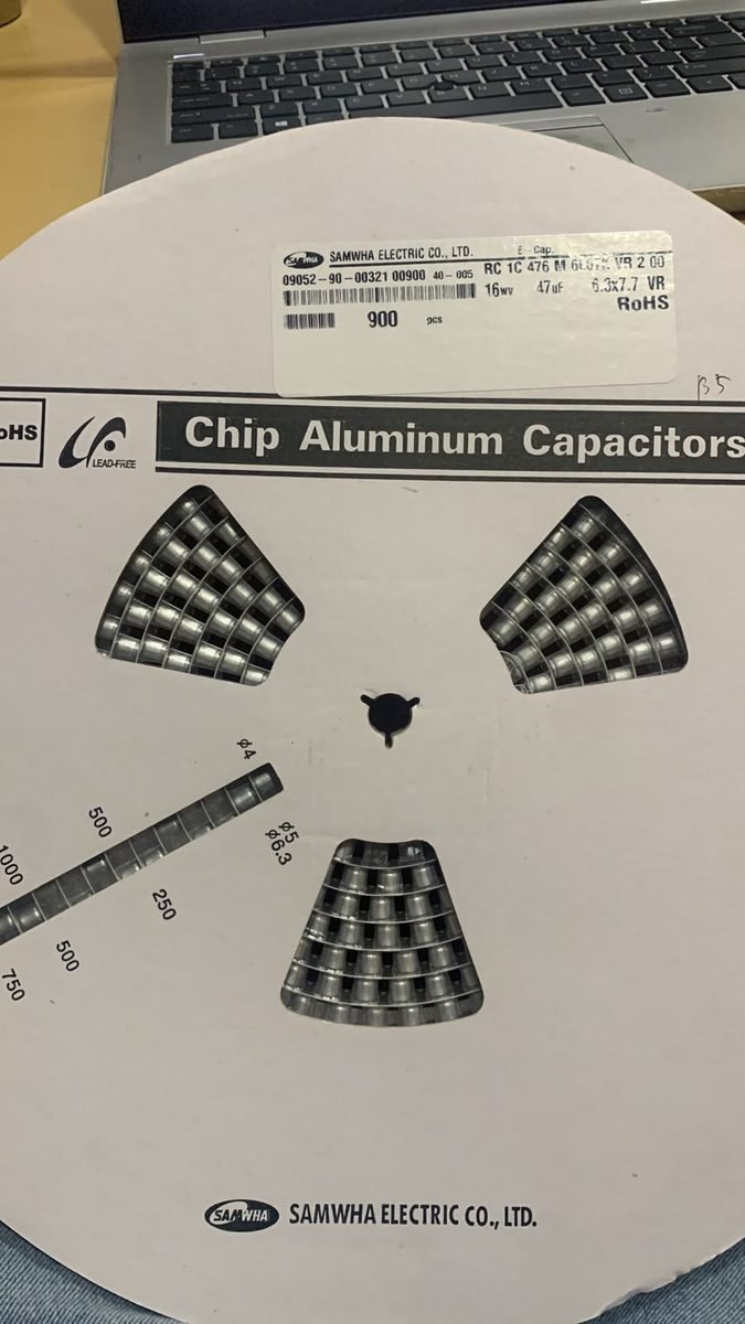 Samwha capacitor reel label showing lot number and quantity