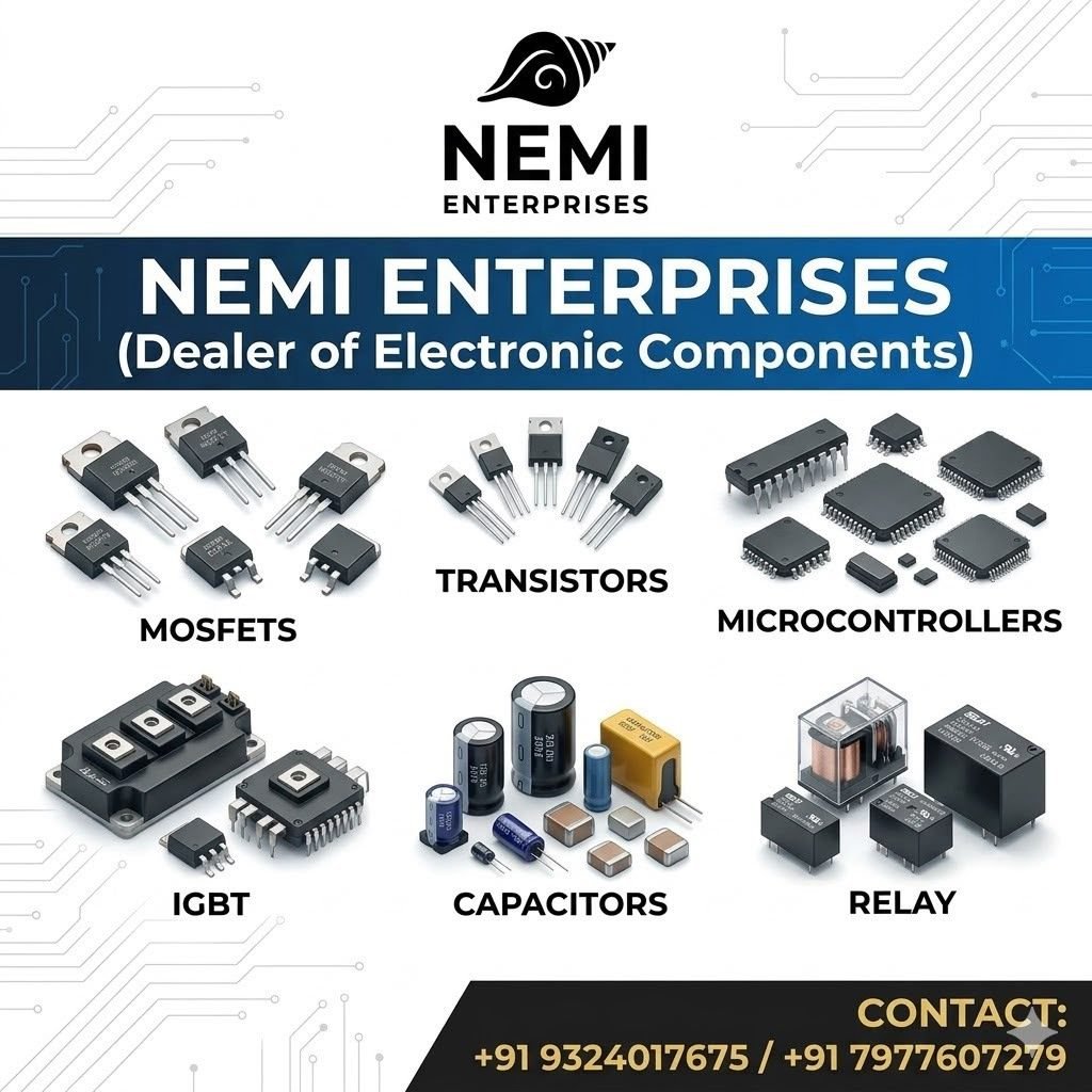 Nemi Enterprises electronic component range — MOSFETs, transistors, microcontrollers, IGBT, capacitors, relays